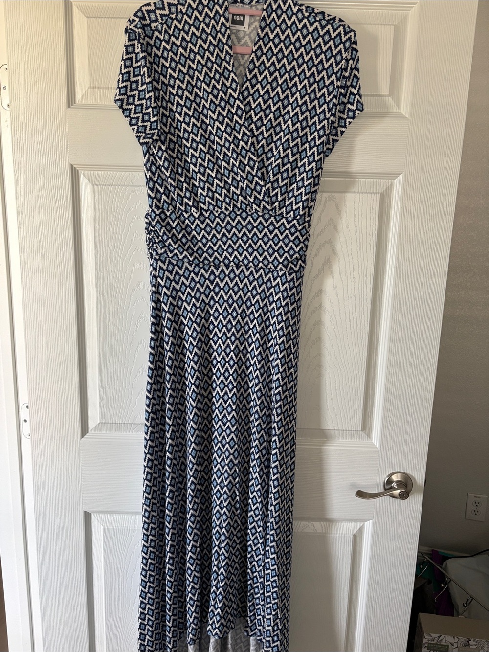 NOM Maternity Navy & White Geometric Maxi Dress - Classic Wrap Style, SZ M